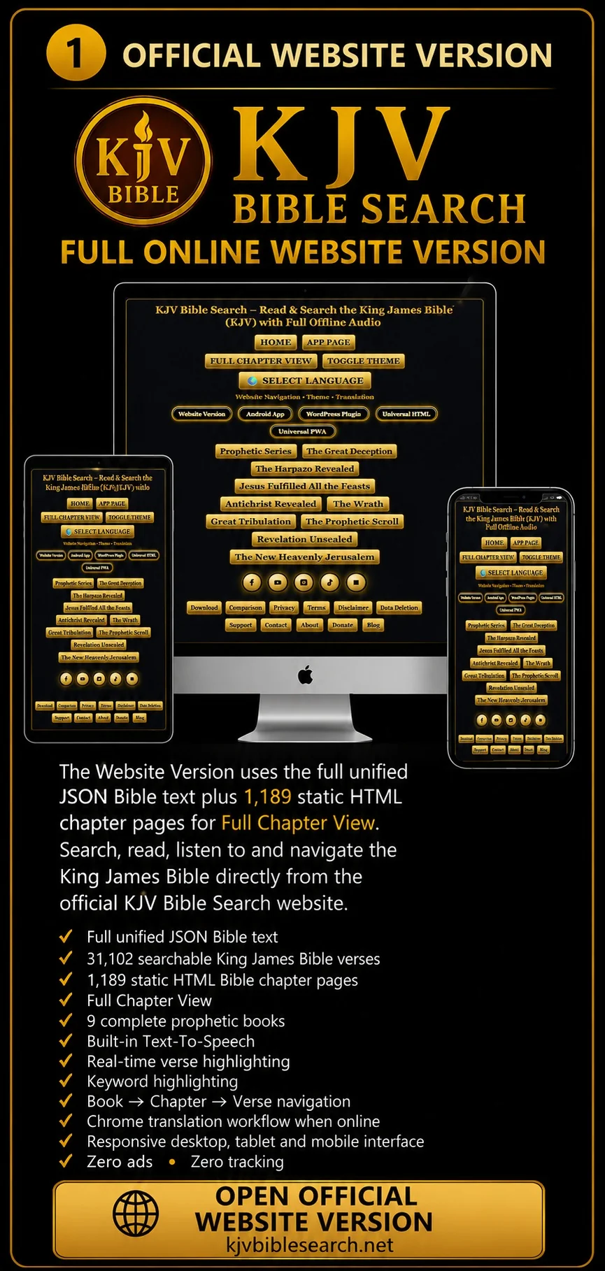 Official KJV Bible Search Website Version with complete KJV Bible search, 31,102 searchable verses, all 1,189 Bible chapters, Full Chapter View, Text-To-Speech, verse highlighting, keyword highlighting and Bible navigation