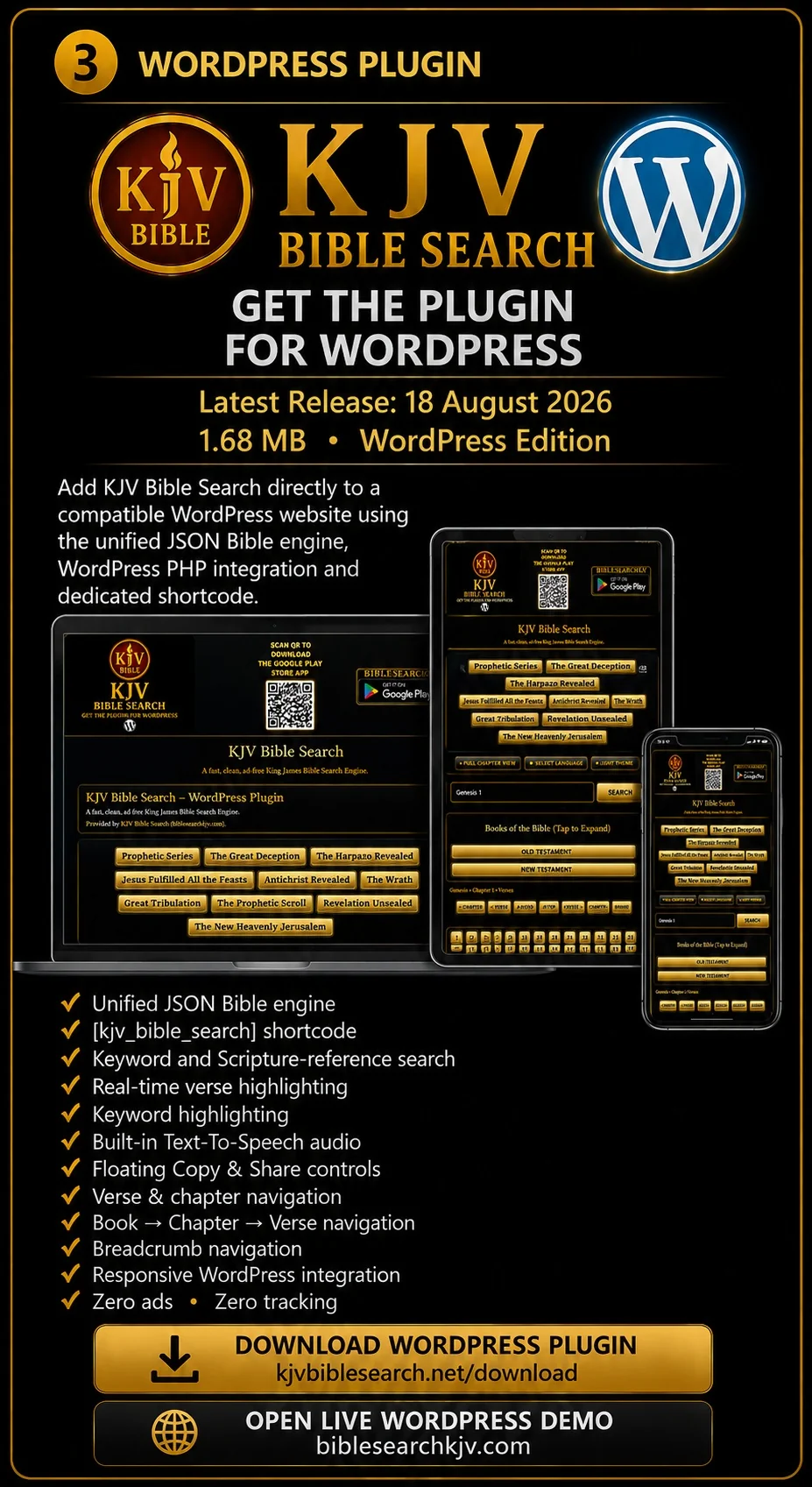 KJV Bible Search WordPress Plugin with unified Bible search engine, Scripture-reference search, keyword search, real-time verse highlighting, Text-To-Speech, Copy and Share and Bible chapter navigation