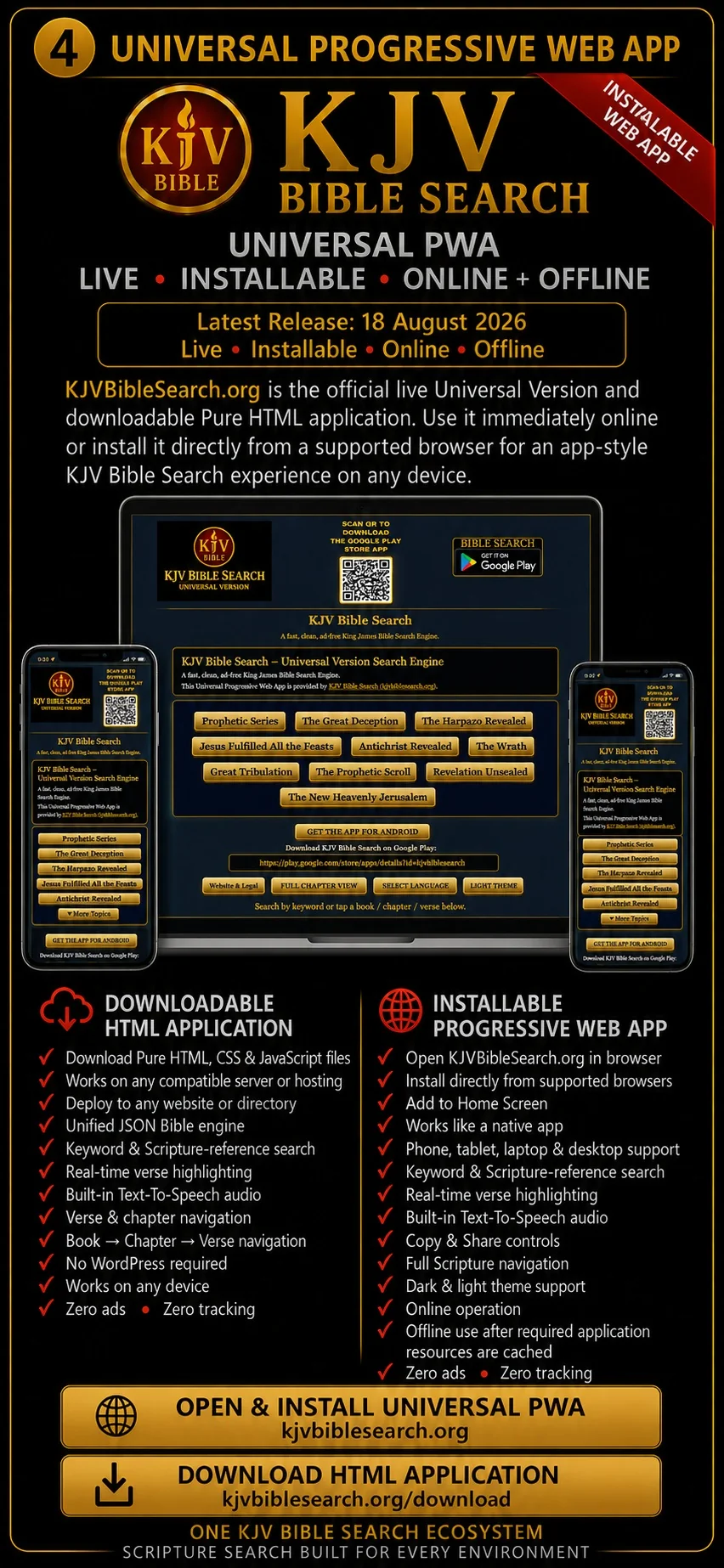 KJV Bible Search Universal HTML Version and installable Progressive Web App with live PWA operation at KJVBibleSearch.org, downloadable standalone HTML CSS JavaScript application, Scripture search, verse highlighting, Text-To-Speech, Copy and Share and full Scripture navigation