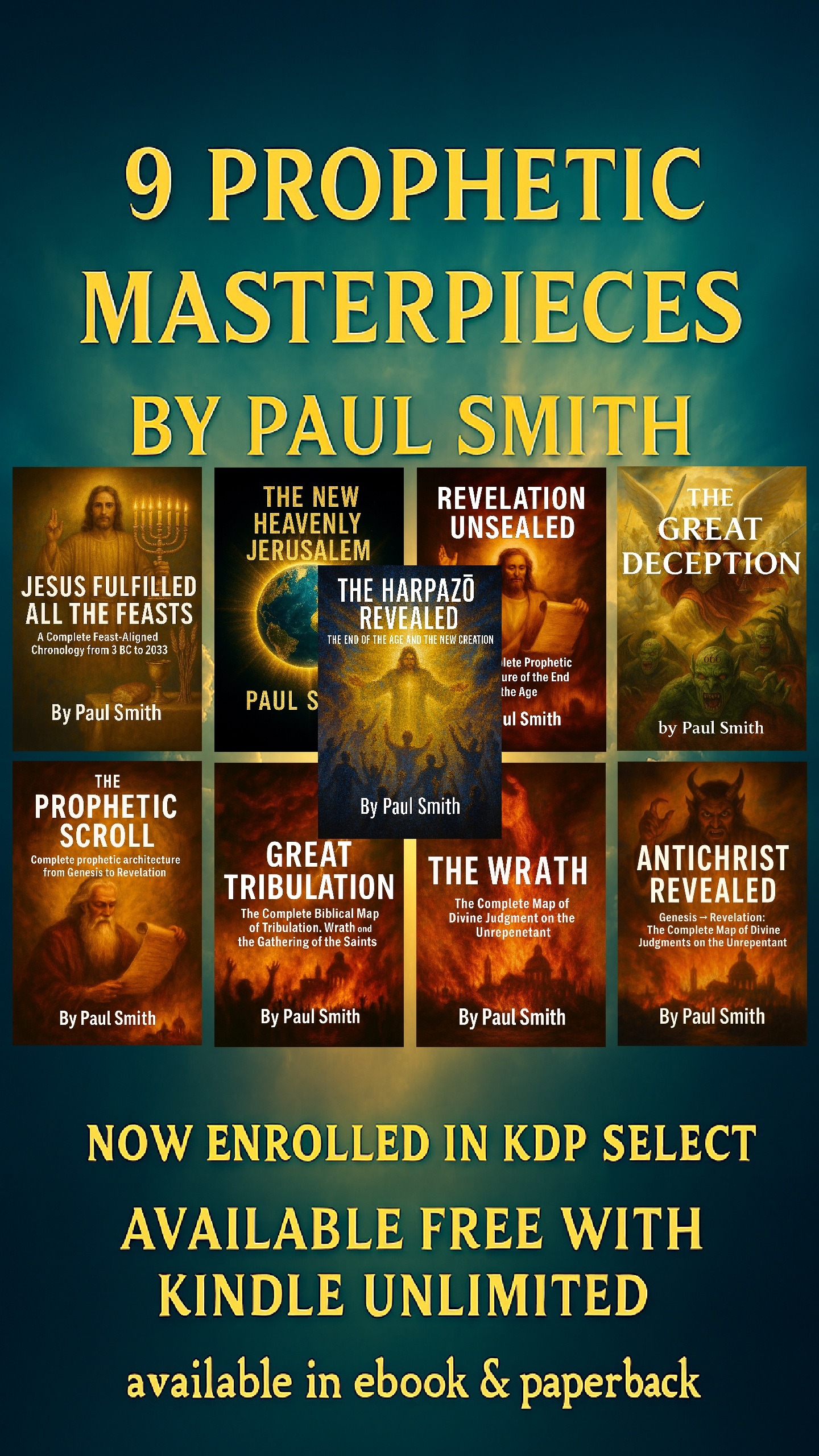 Promotional banner featuring nine prophetic Christian books by Paul Smith, available through Kindle Unlimited.