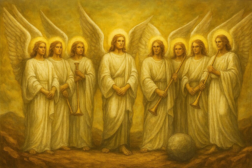 Illustration showing the fulfillment of Matthew 24, with a prophetic ribbon connecting scenes from Daniel, Acts, Revelation, AD 70, and the Son of Man coming in the clouds of glory.