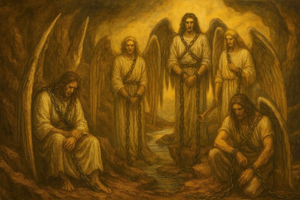 Five angelic beings in white robes, bound in chains within a cave-like setting, symbolizing divine judgment and captivity.