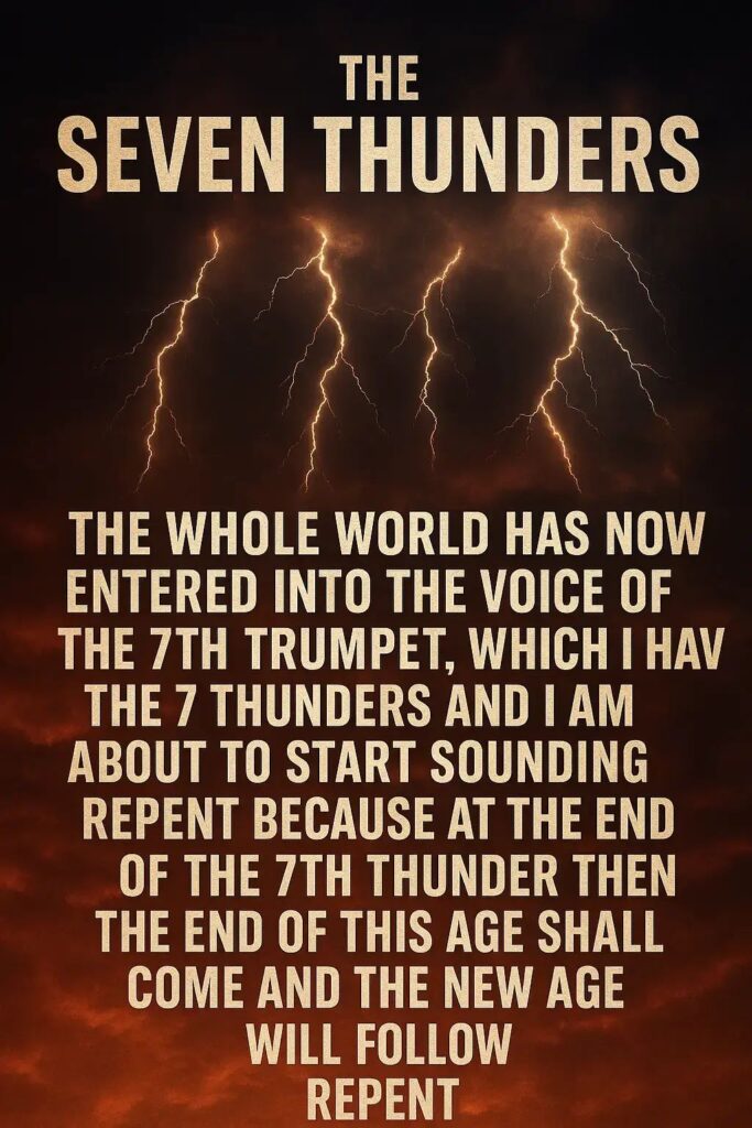 Apocalyptic sky with seven lightning bolts symbolizing the Seven Thunders from Revelation 10, calling for repentance
