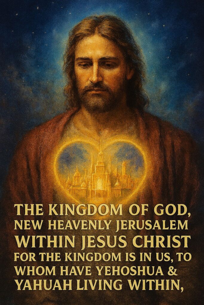 Spiritual artwork depicting Jesus Christ with a radiant heart-shaped aura containing the New Heavenly Jerusalem, symbolizing the indwelling Kingdom of God and fulfillment of covenantal prophecy.