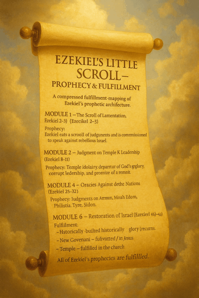 Heavenly scroll illustrating Ezekiel’s prophecies and their historical and spiritual fulfillments across six modules.