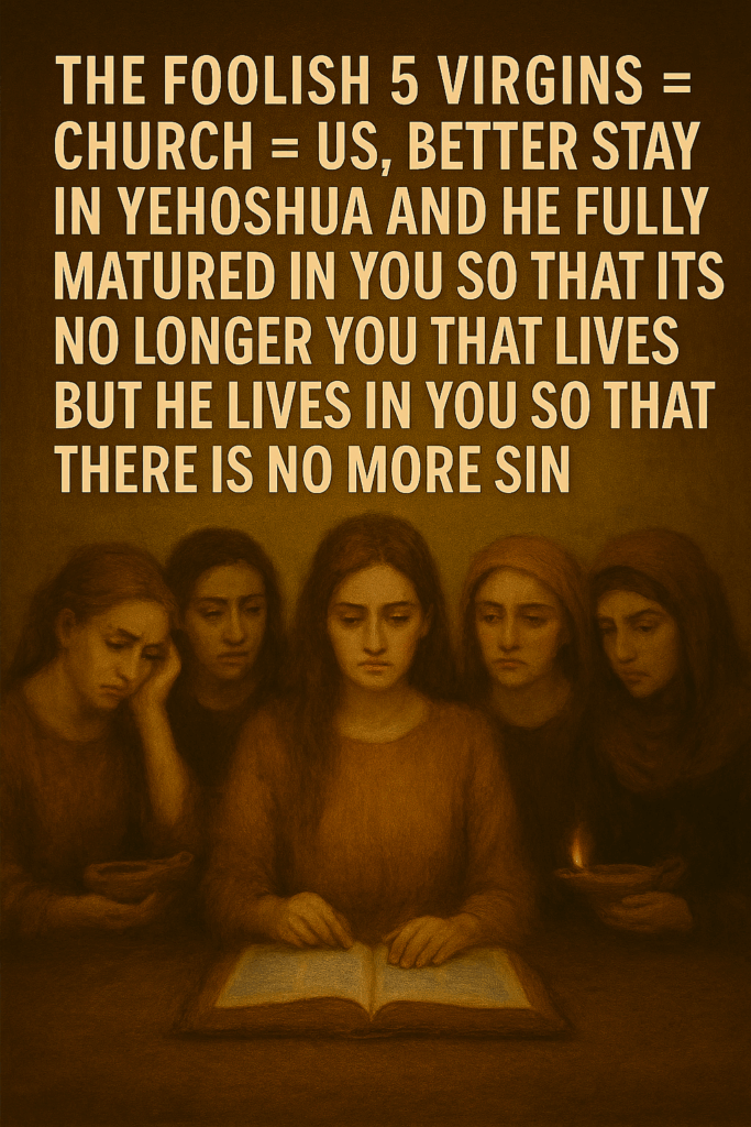 Five sorrowful women holding unlit lamps, symbolizing the foolish virgins from the biblical parable.