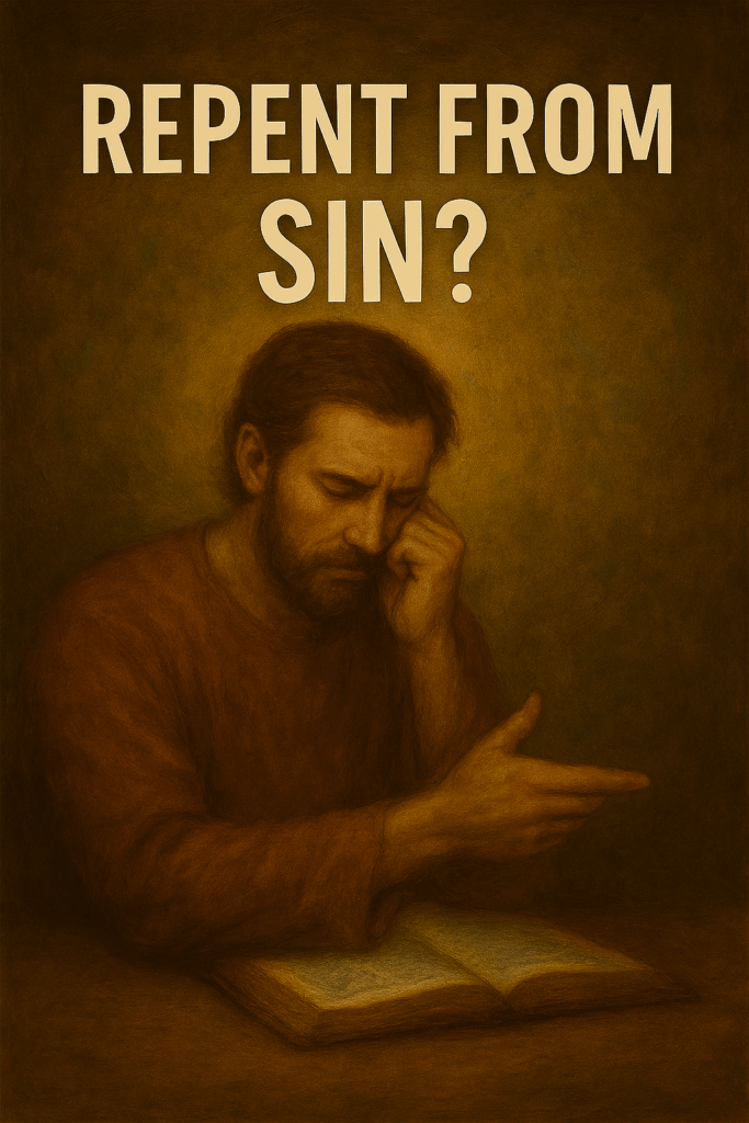 Man studying Scripture with contemplative expression, questioning the phrase “Repent from Sin?”