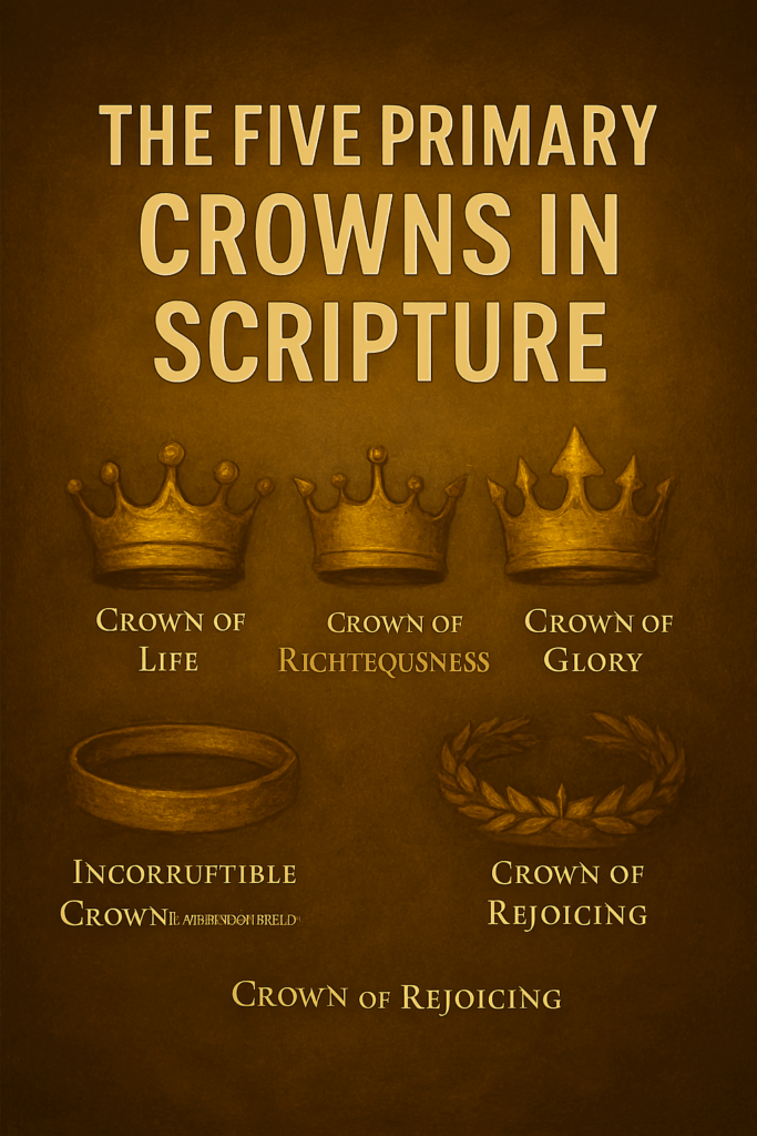 Five golden crowns representing biblical rewards, each symbolizing a distinct spiritual promise.
