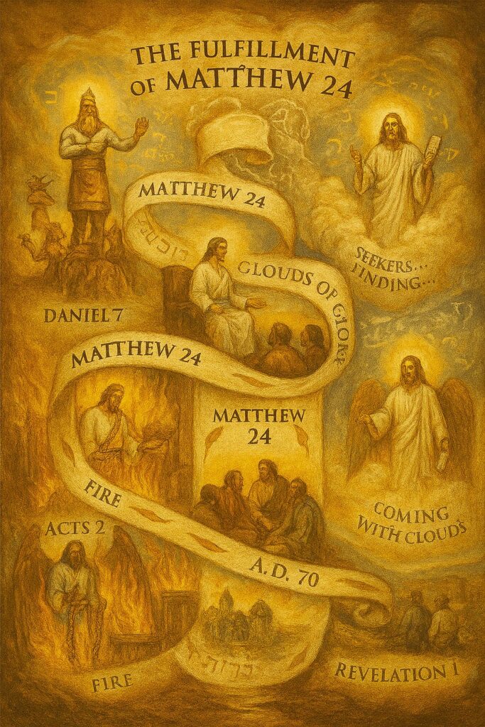 Visual representation of the fulfillment of Matthew 24, showing the Son of Man coming in clouds of glory, covenantal judgment, and prophetic continuity from Daniel to Revelation.
