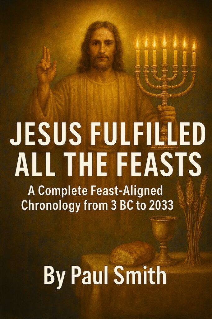 Jesus holding a seven-branched menorah with lit candles, symbolizing fulfillment of biblical feasts, with bread, chalice, and wheat in foreground.