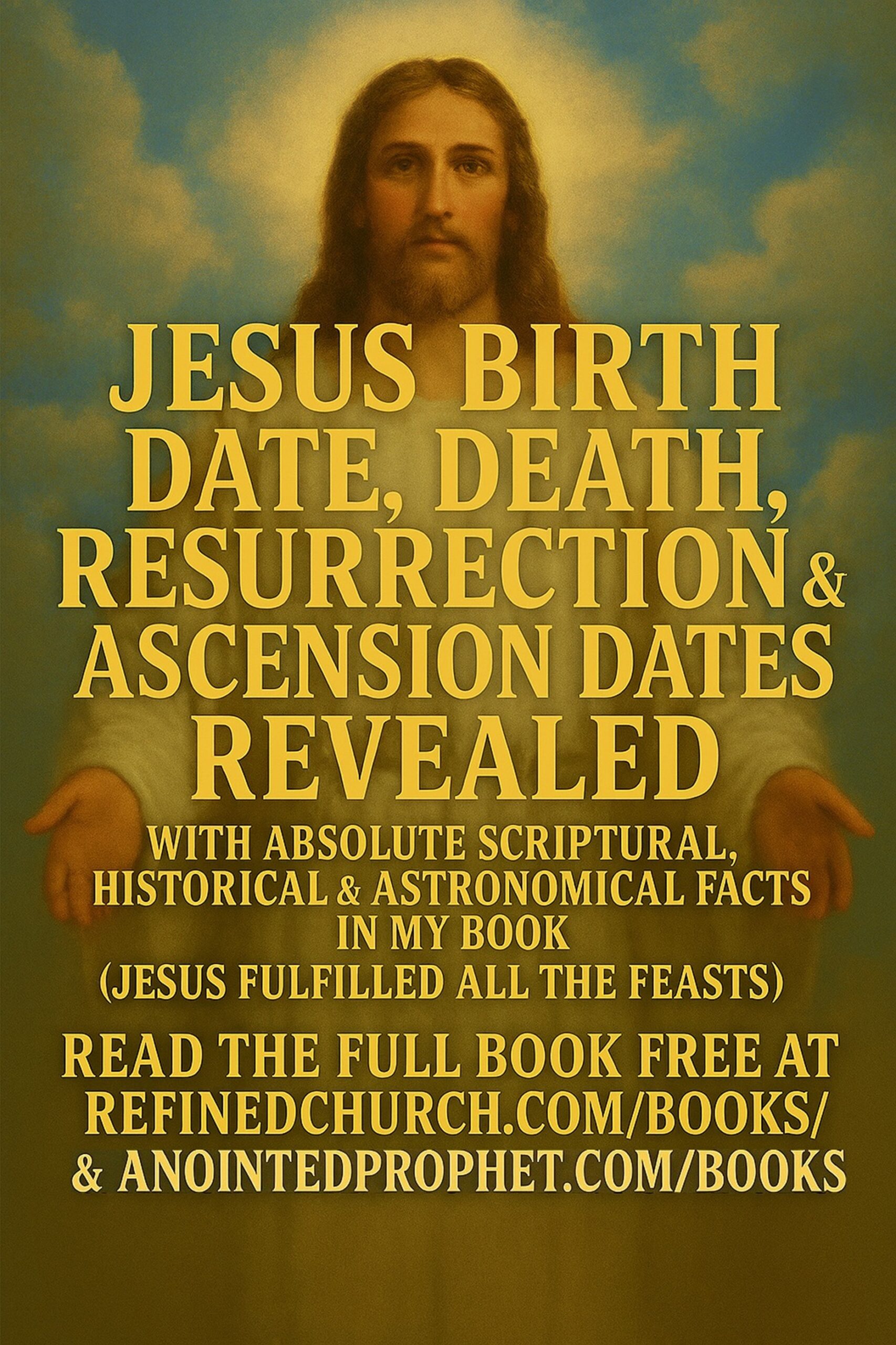 Poster showing Jesus in the clouds of heaven with bold text revealing His birth, death, resurrection, and ascension dates, promoting the book “Jesus Fulfilled All The Feasts.”