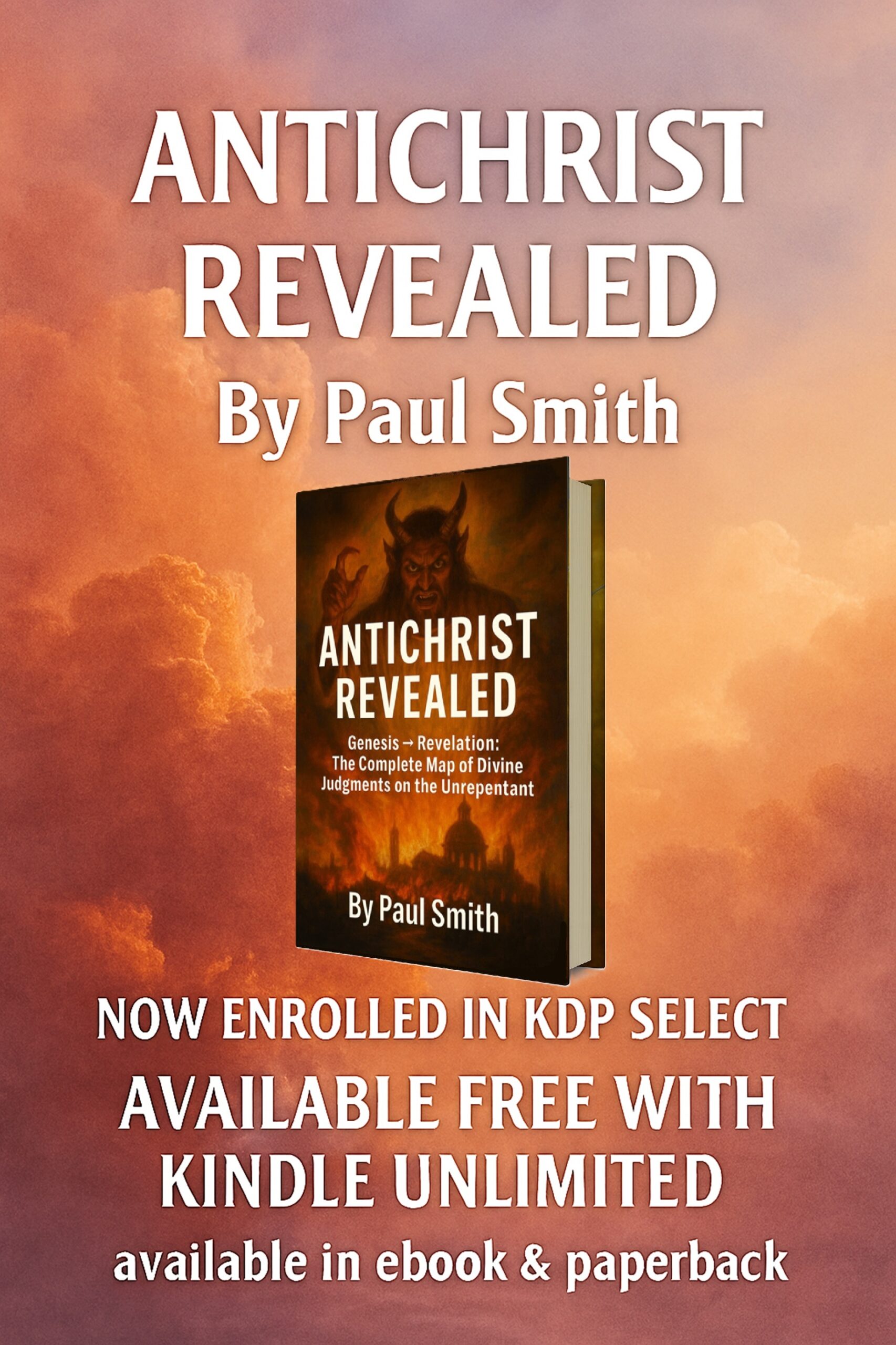 Antichrist Revealed advert banner background with prophetic text and 3D book cover