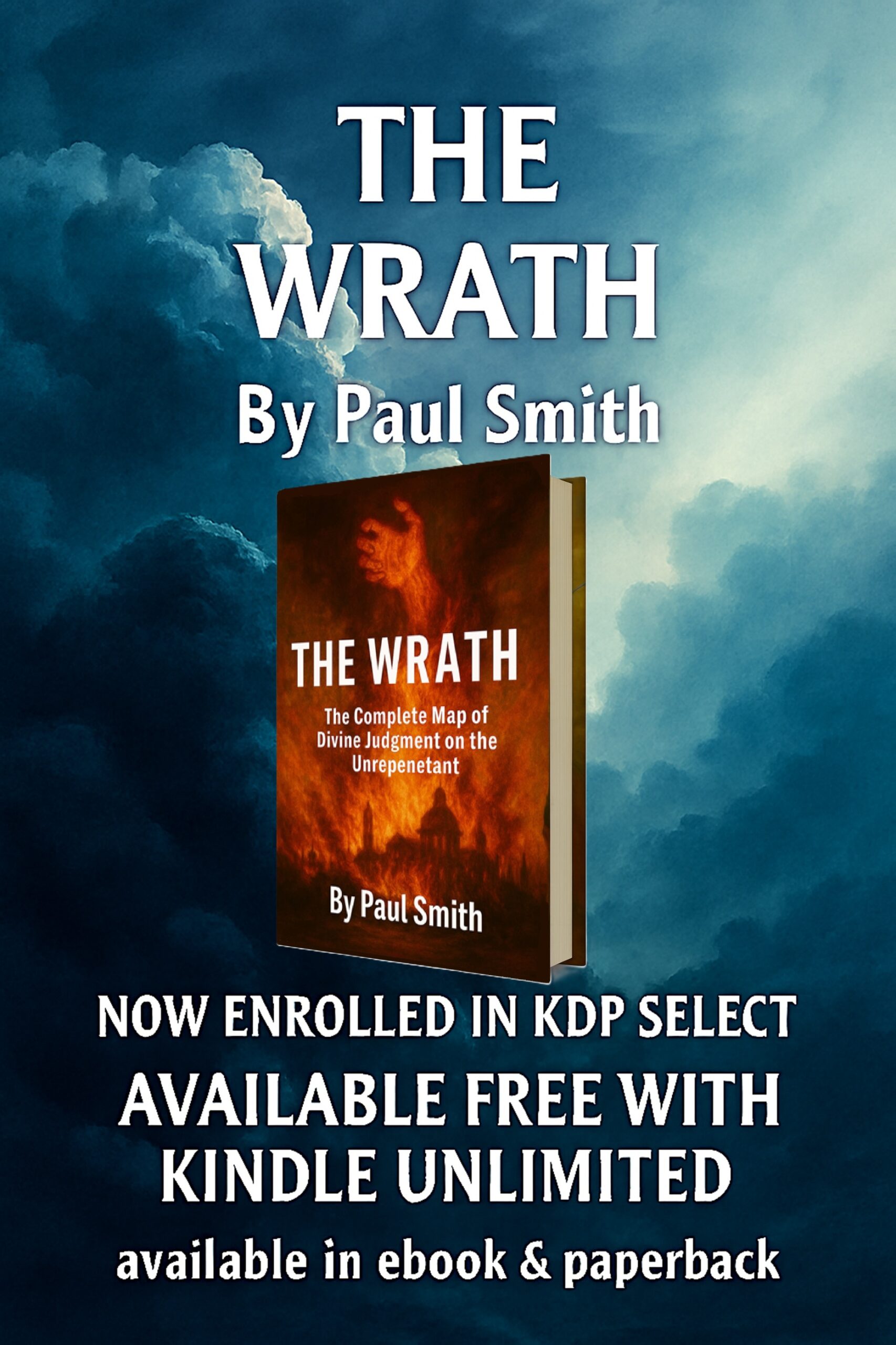 The Wrath advert banner background with prophetic text and 3D book cover