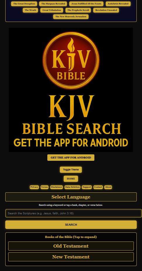 Full KJV Bible Search interface showing the multilingual Bible study and verse finder platform